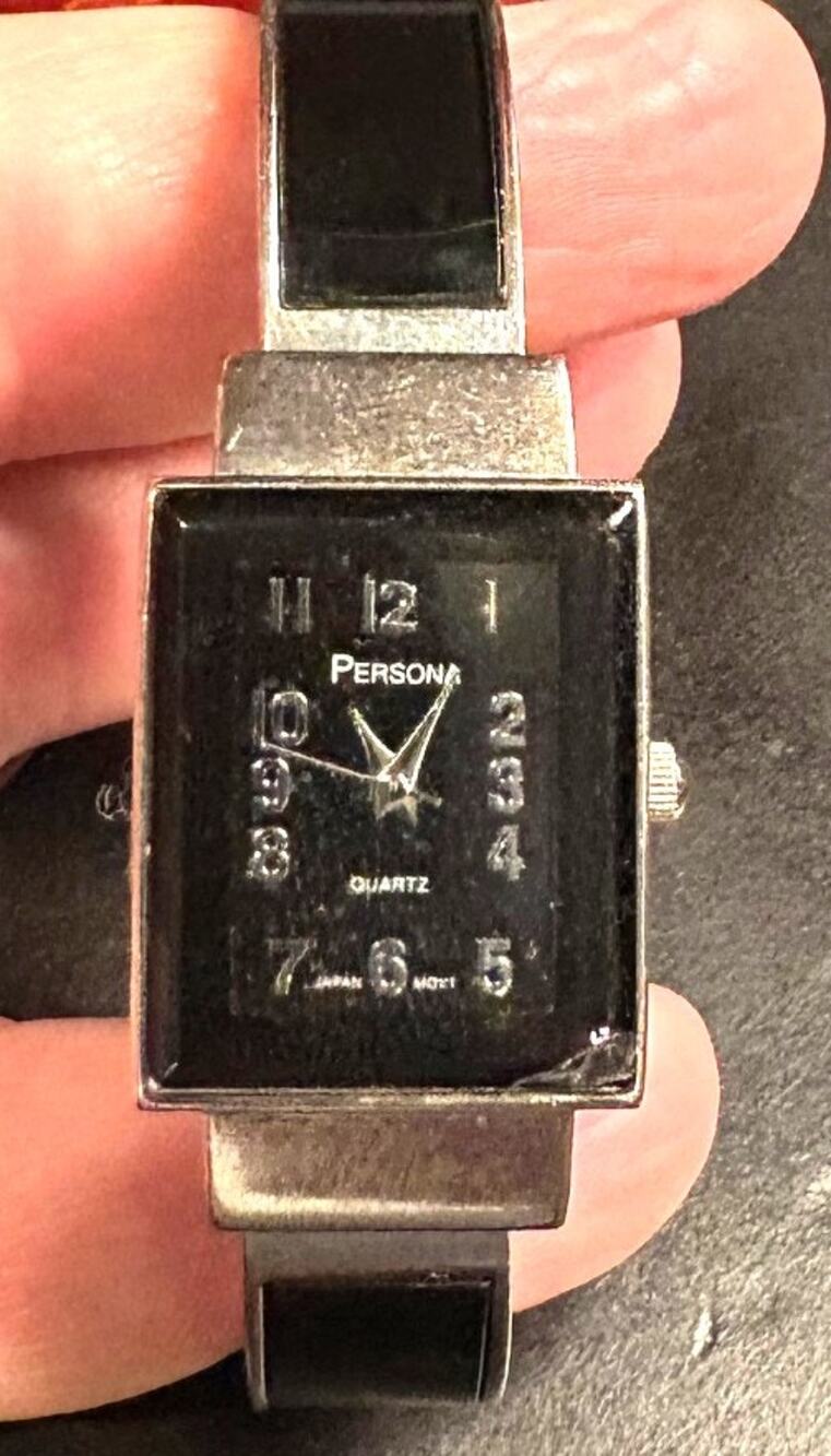 Women's silver Tone Persona Bangle Bracelet watch, Black Face and Accented Band